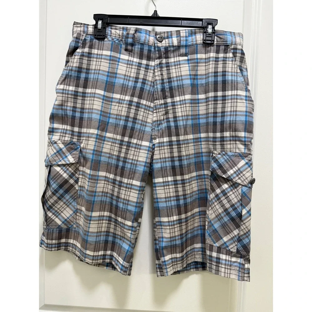 Pacific Blue Mens Plaid Cargo Shorts Blue Grey White Size 34 Relaxed Fit Utility
